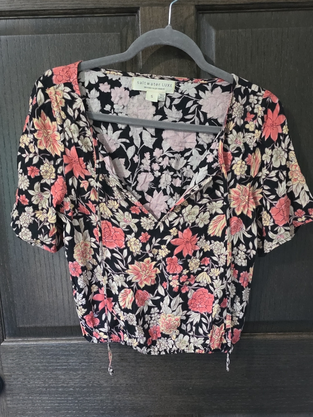 saltwater LUXE Black Floral V-Neck Crop Top with Coral & Cream Flowers